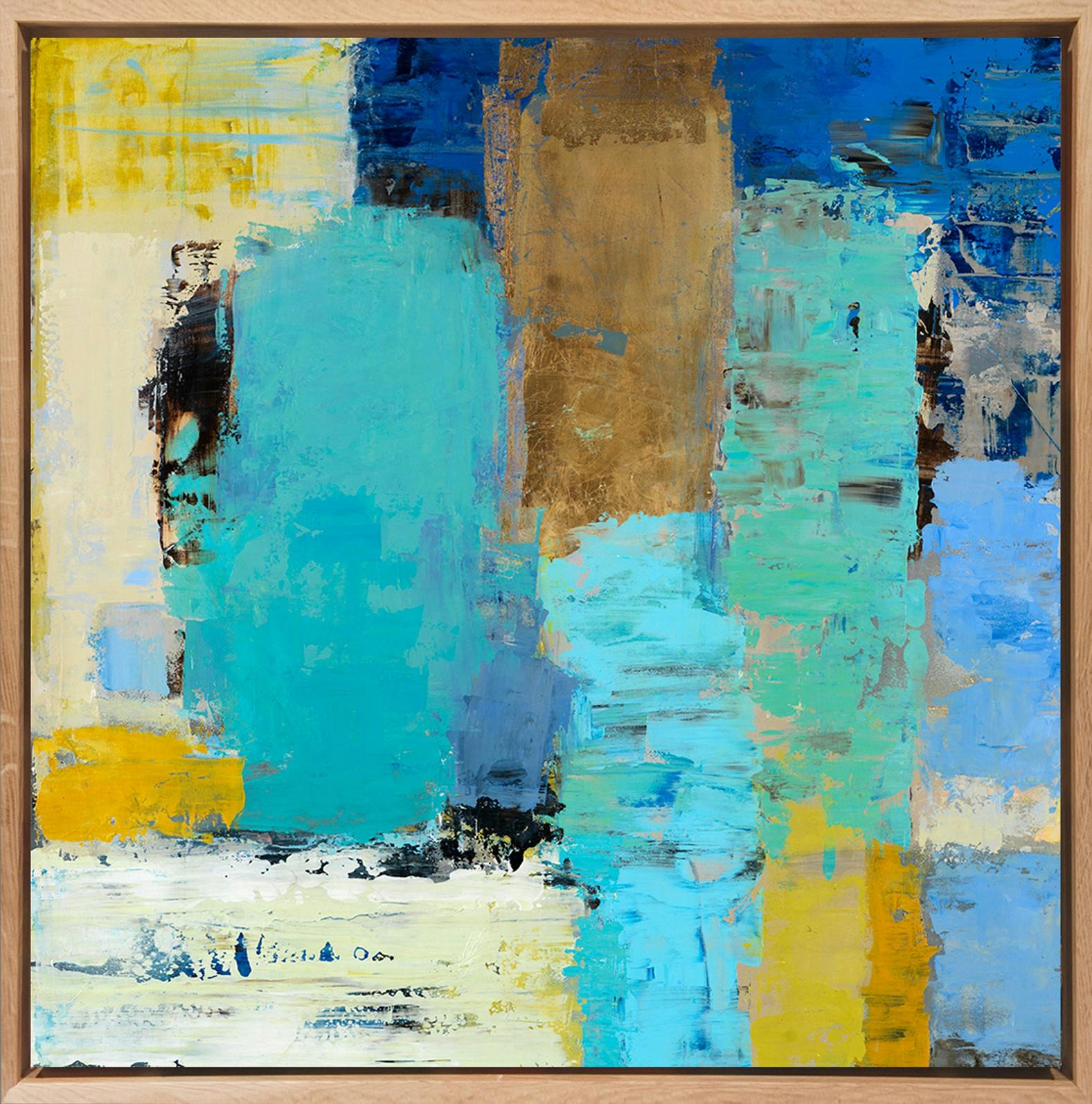 Tableau ABSTRAIT Patchwork de bleu, jaune et turquoise Caisse américaine en chêne massif 90x90cm