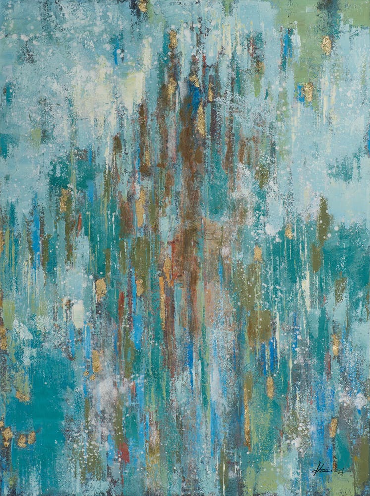 Tableau ABSTRAIT peinture acrylique et feuilles métal - tons blancs, beiges, bleus et dorés 90x120cm