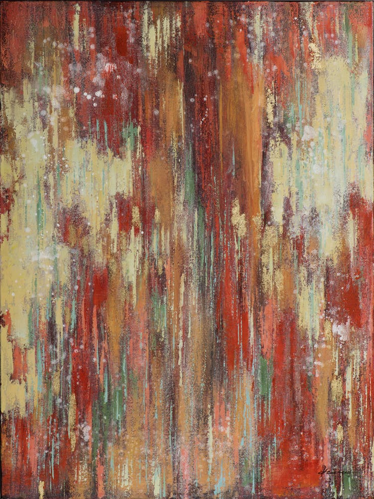 Tableau ABSTRAIT peinture acrylique et feuilles métal - tons blancs, rouges, beiges et dorés 90x120cm