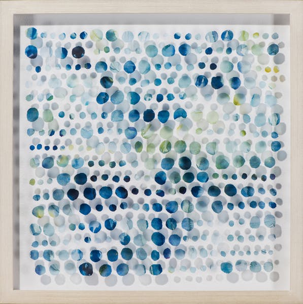 Tableau ABSTRAIT Points irréguliers tons bleus, gris, verts et jaunes 54x54cm
