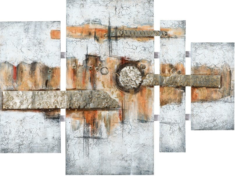 Tableau Abstrait Quadriptyque 100x134. Argenté. Ajout d'éléments métal en relief. Peinture acrylique et feuilles métal