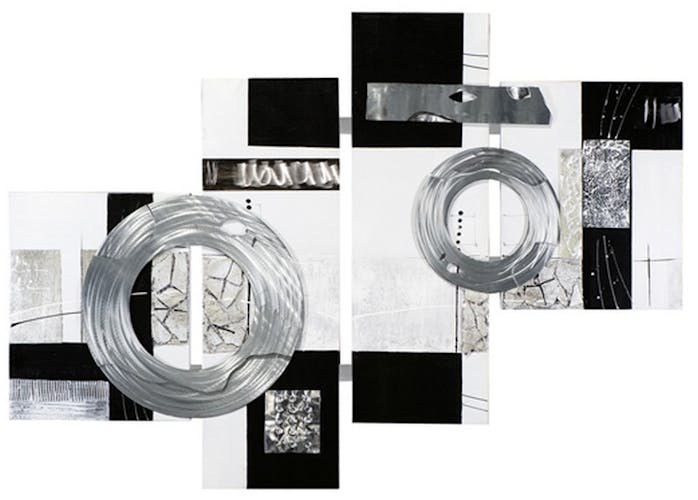 Tableau Abstrait Quadriptyque 110x149. Argenté. Ajout d'éléments métal en relief. Peinture acrylique et feuilles métal