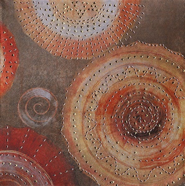 Tableau Abstrait Rosace 40x40 Argenté. Ajout d'éléments métal en relief. Peinture acrylique
