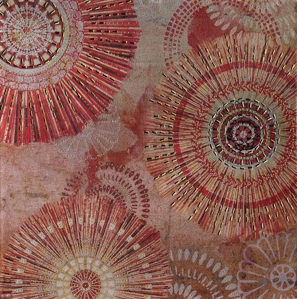 Tableau Abstrait Rosace 40x40 Doré. Ajout d'éléments métal en relief. Peinture acrylique