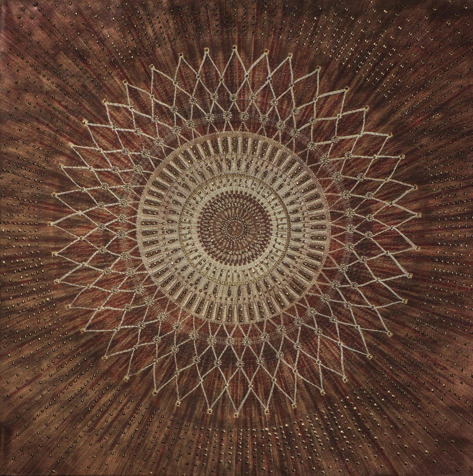 Tableau Abstrait Rosace 80x80 Doré. Ajout d'éléments métal en relief. Peinture acrylique