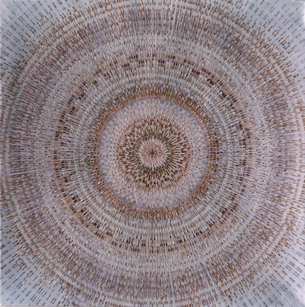 Tableau Abstrait Rosace 90x90 Argenté Doré. Ajout d'éléments métal en relief. Peinture  acrylique