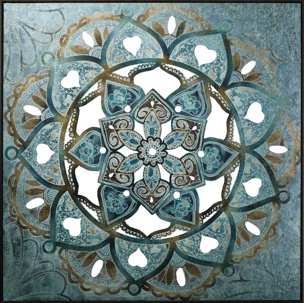 Tableau ABSTRAIT Rosace Arabasque tons bleus, verts et beiges 100x100cm