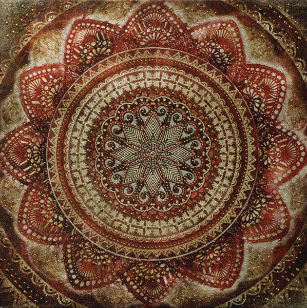 Tableau ABSTRAIT Rosace Arabesques tons rouges, dorés, beiges et marrons 40x40cm