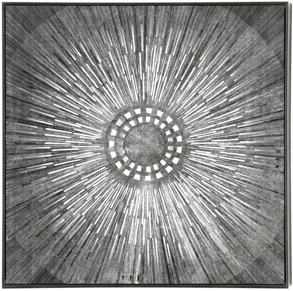 Tableau Abstrait rosace argentée sur plaque métal 80x80 ajout d'éléments métal en relief