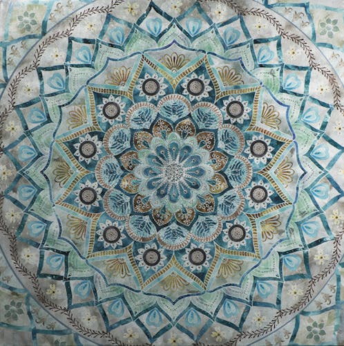 Tableau ABSTRAIT Rosace Bleue Arabesque tons beiges, verts et bleus 100x100cm