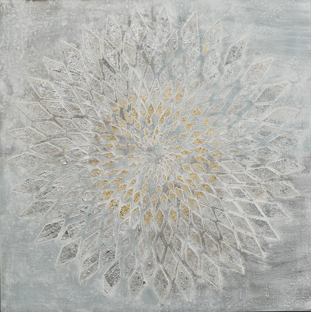 Tableau ABSTRAIT Rosace de Losanges tons gris et dorés avec feuilles métal 80x80cm