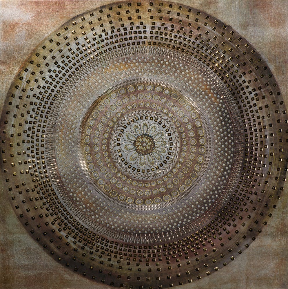 Tableau ABSTRAIT Rosace peinture acrylique et éléments métal - tons beiges, marrons et dorés 90x90cm