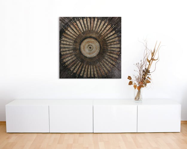 Tableau ABSTRAIT Rosace peinture acrylique et éléments métal - tons noirs, beiges, marrons et dorés 90x90cm