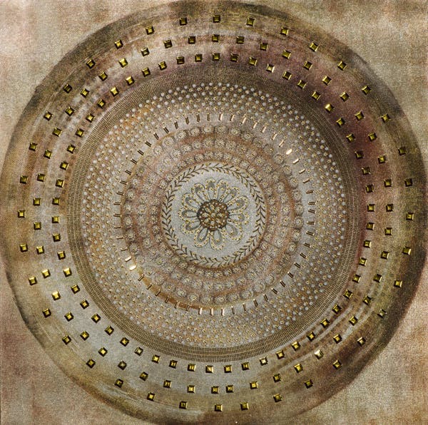 Tableau ABSTRAIT Rosace tons ocres, dorés et argentés 40x40cm