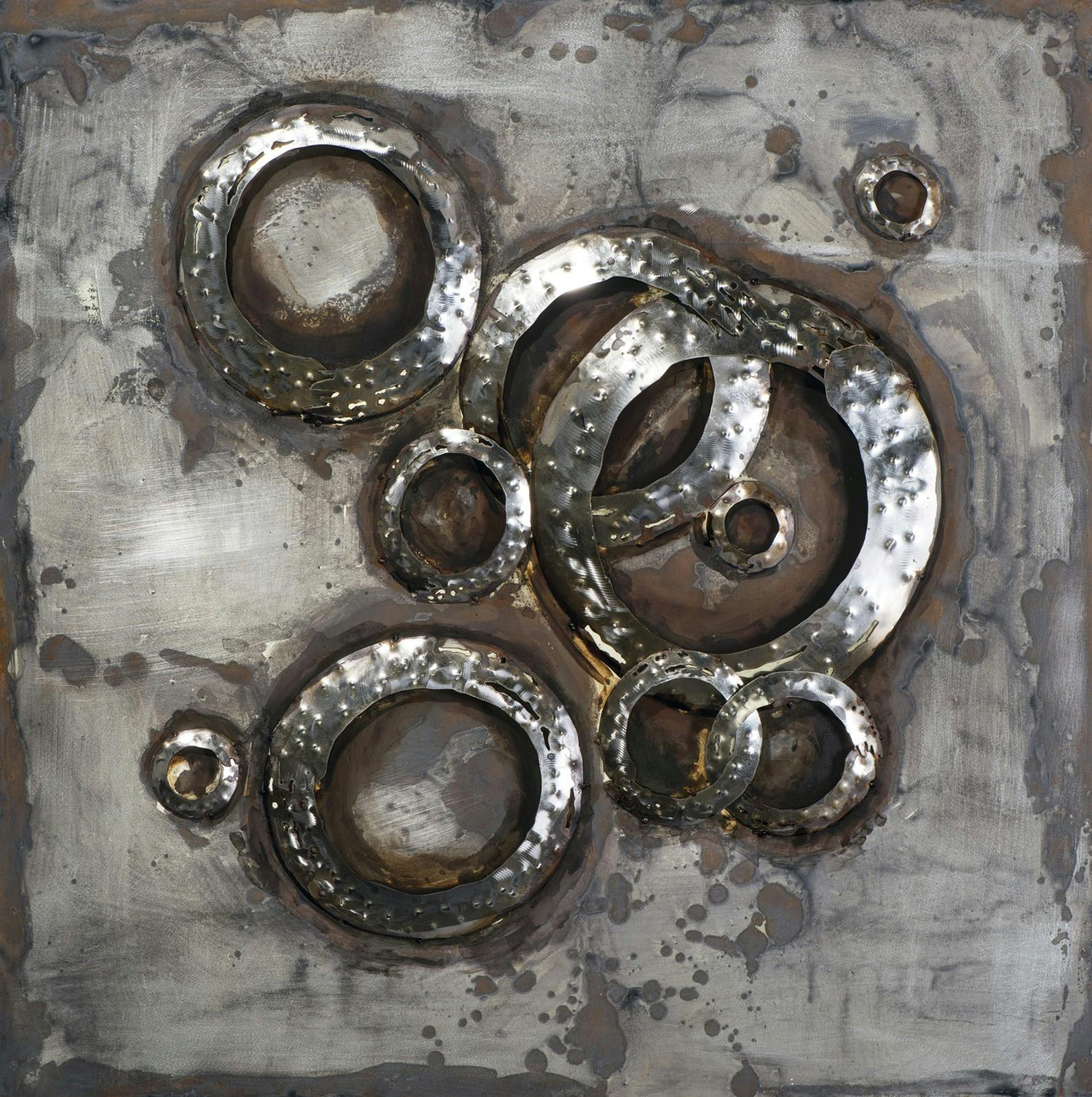 Tableau Abstrait sur plaque métal 100x100 Argenté. Ajout d'éléments métal en 3D . Peinture acrylique