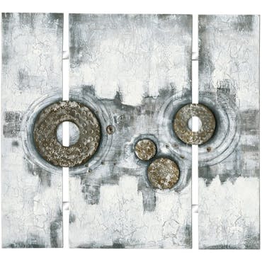  Tableau Abstrait Triptyque 115x126. Argenté. Ajout d'éléments métal en relief. Peinture acrylique et feuilles métal