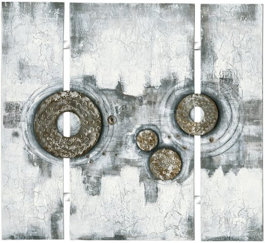 Tableau Abstrait Triptyque 115x126. Argenté. Ajout d'éléments métal en relief. Peinture acrylique et feuilles métal