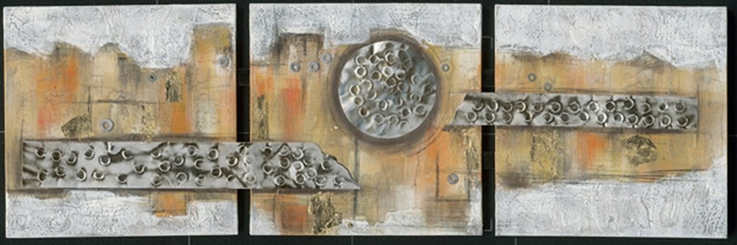 Tableau Abstrait Triptyque 50x156. Argenté. Ajout d'éléments métal en relief. Peinture acrylique et feuilles métal