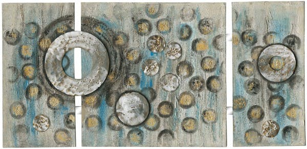 Tableau Abstrait triptyque 70x146 Argenté Doré. Ajout d'éléments métal en relief. Peinture acrylique et feuilles métal