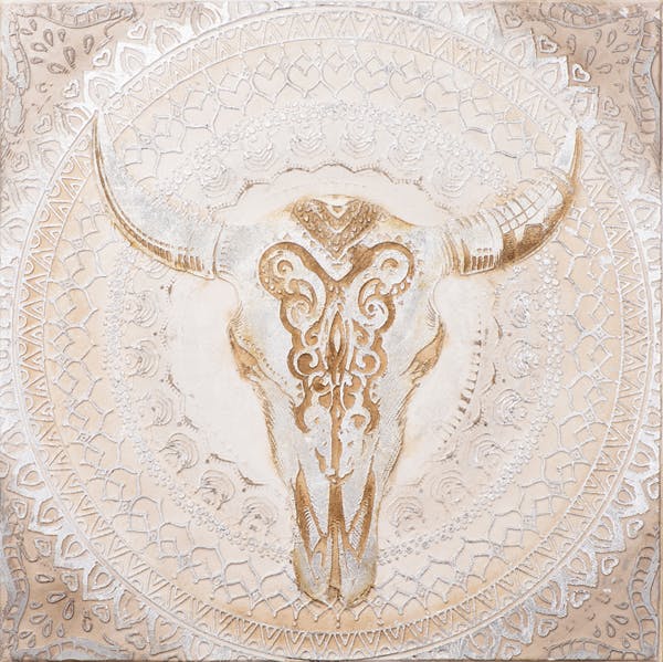 Tableau ANIMAL Crâne de Bison sur Rosace tons ocres, dorés, beiges et blancs 100x100cm