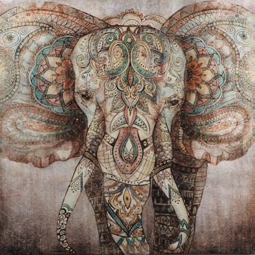 Tableau ANIMAL Eléphant Sacré décor coloré style Indou 90x90cm