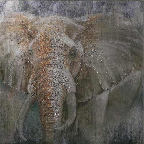 Tableau ANIMAL Elephants peinture acrylique et éléments métal - tons beiges, marrons et argentés 90x90cm