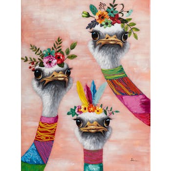 Tableau ANIMAL POP-ART Autruches avec couronne de fleurs multicolores 90x120cm