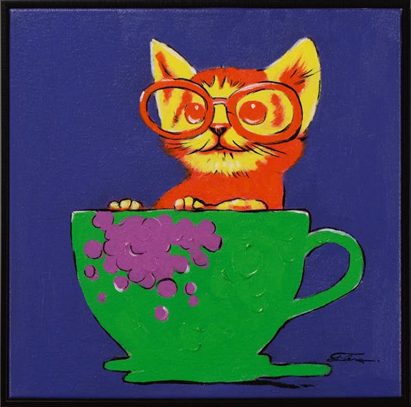 Tableau ANIMAL POP-ART Chaton dans une tasse tons bleus, verts et jaunes 42x42cm