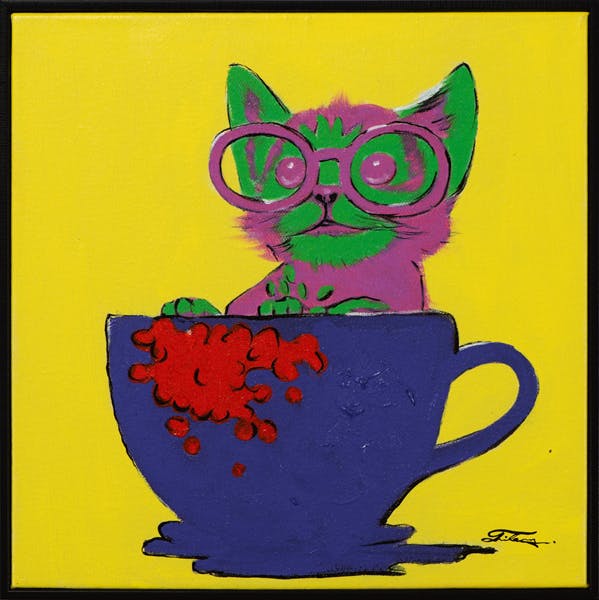Tableau ANIMAL POP-ART Chaton dans une tasse tons jaunes, bleus et verts 42x42cm