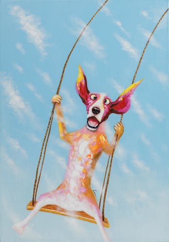 Tableau ANIMAL POP-ART chien sur balançoire 70x100cm