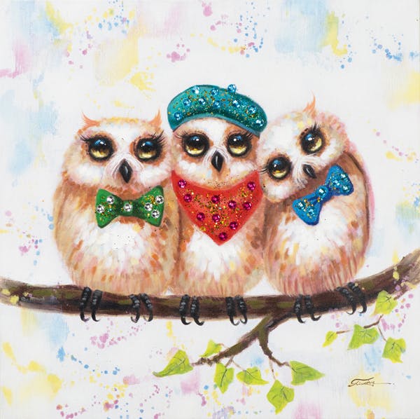 Tableau ANIMAL POP-ART Chouettes rigolotes en tenue de soirée couleurs vives 60x60cm