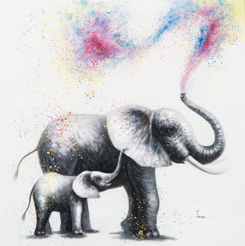 Tableau ANIMAL POP-ART Elephant et son bébé soufflant des couleurs avec sa trompe 80x80cm