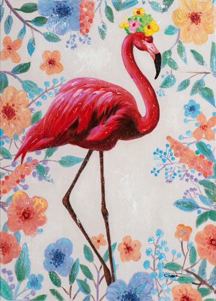 Tableau ANIMAL POP-ART Flamand rose et fleurs 50x70cm