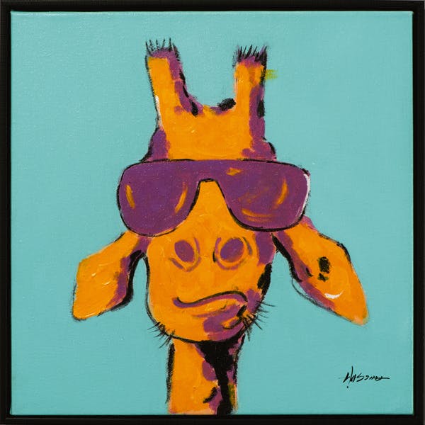 Tableau ANIMAL POP-ART Girafe à lunette tons bleus, orange et violets 42x42cm
