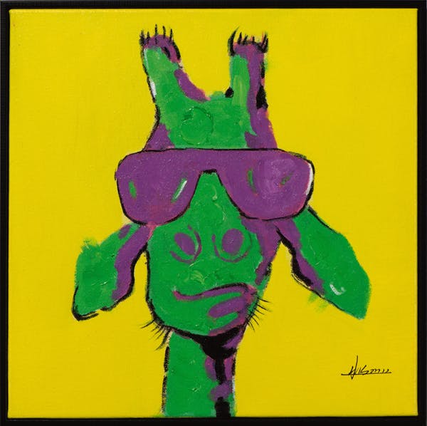 Tableau ANIMAL POP-ART Girafe à lunette tons jaunes, verts et violets 42x42cm