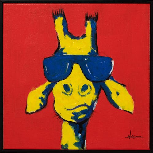Tableau ANIMAL POP-ART Girafe à lunette tons rouges, jaunes et bleus 42x42cm