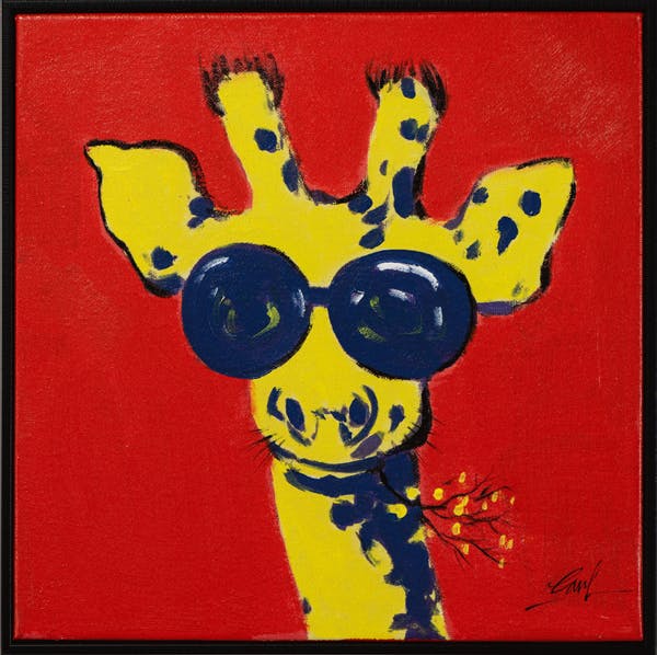 Tableau ANIMAL POP-ART Girafe tons rouges, jaunes et bleus 42x42cm