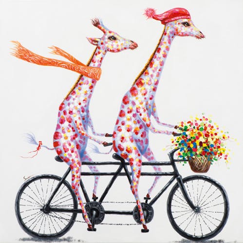 Tableau ANIMAL POP-ART Girafes multicolores sur un Tandem fleuri 100x100cm