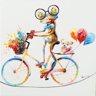  Tableau ANIMAL POP-ART Grenouille multicolore à vélo promenant son Chien couleurs vives 70x70cm