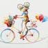 Tableau ANIMAL POP-ART Grenouille multicolore à vélo promenant son Chien couleurs vives 70x70cm