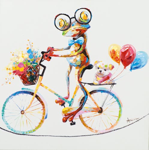 Tableau ANIMAL POP-ART Grenouille multicolore à vélo promenant son Chien couleurs vives 70x70cm