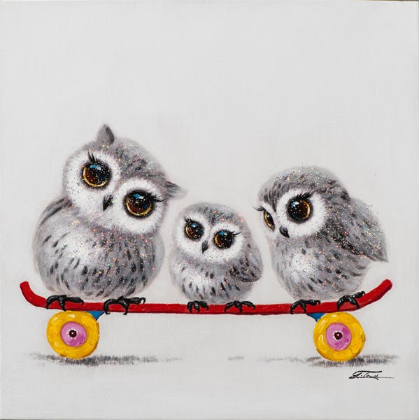 Tableau ANIMAL POP-ART Hiboux sur planche de skate 60x60cm