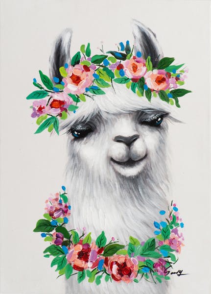Tableau ANIMAL POP-ART Lama avec collier et couronne de fleurs 50x70cm