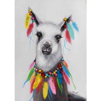 Tableau ANIMAL POP-ART lama et plumes multicolores 70x100cm