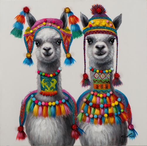 Tableau ANIMAL POP-ART Lamas avec tenues péruviennes multicolores 80x80cm