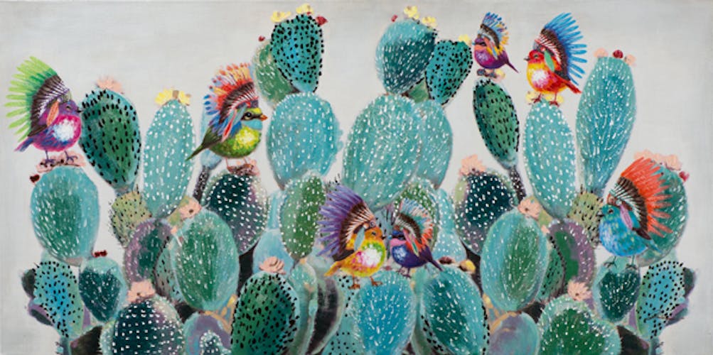 Tableau ANIMAL POP-ART Oiseaux avec couvre-chef sur cactus multicolores 70x140cm