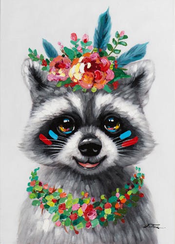 Tableau ANIMAL POP-ART Raton Laveur avec collier et couronne de fleurs 50x70cm