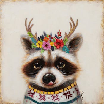 Tableau ANIMAL POP-ART Raton Laveur avec fleurs et bois 60x60cm
