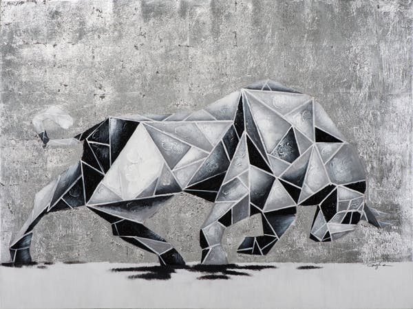 Tableau ANIMAL taureau qui charge tons noirs et blancs 90x120cm