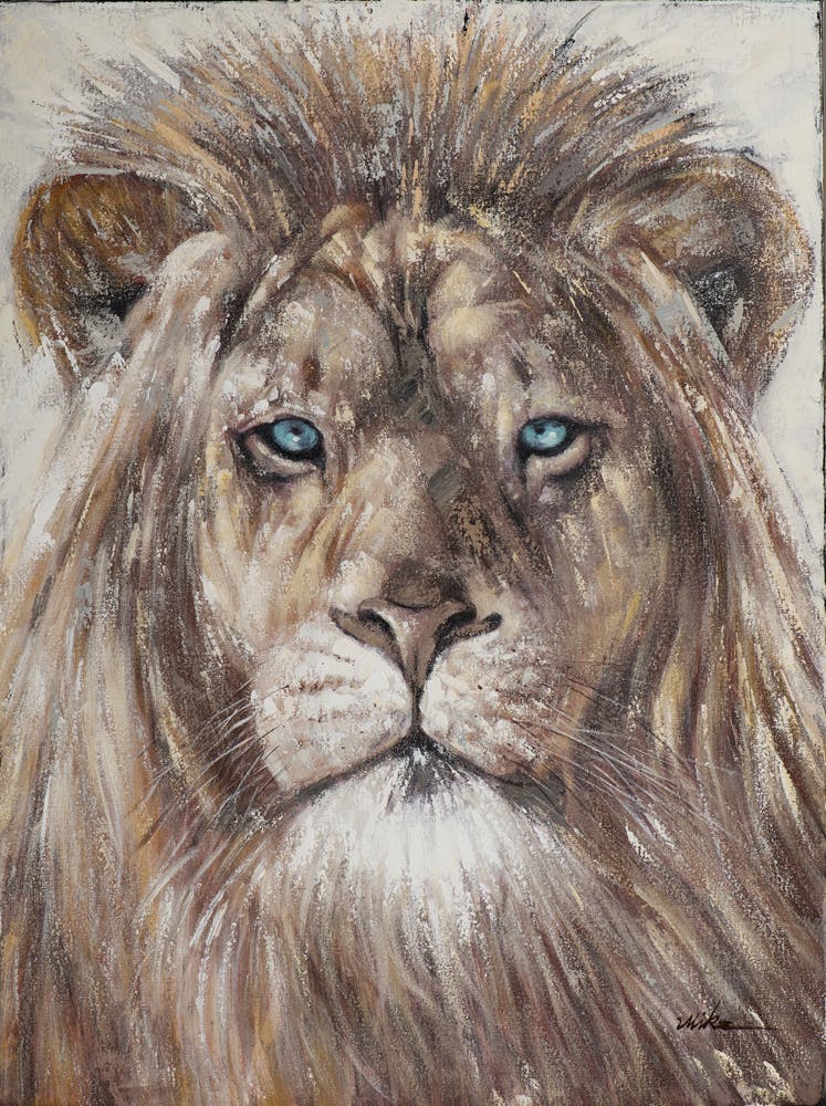 Tableau ANIMAL Tête de Lion Majesteux Yeux bleus ton naturels et feuilles métal 90x120cm